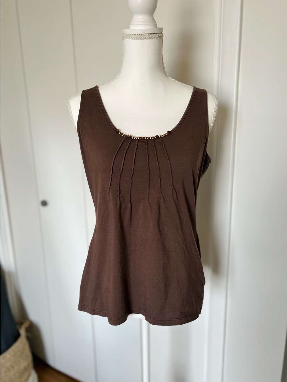 Women's Brown Scoop Neck Tank with Pintuck Detail